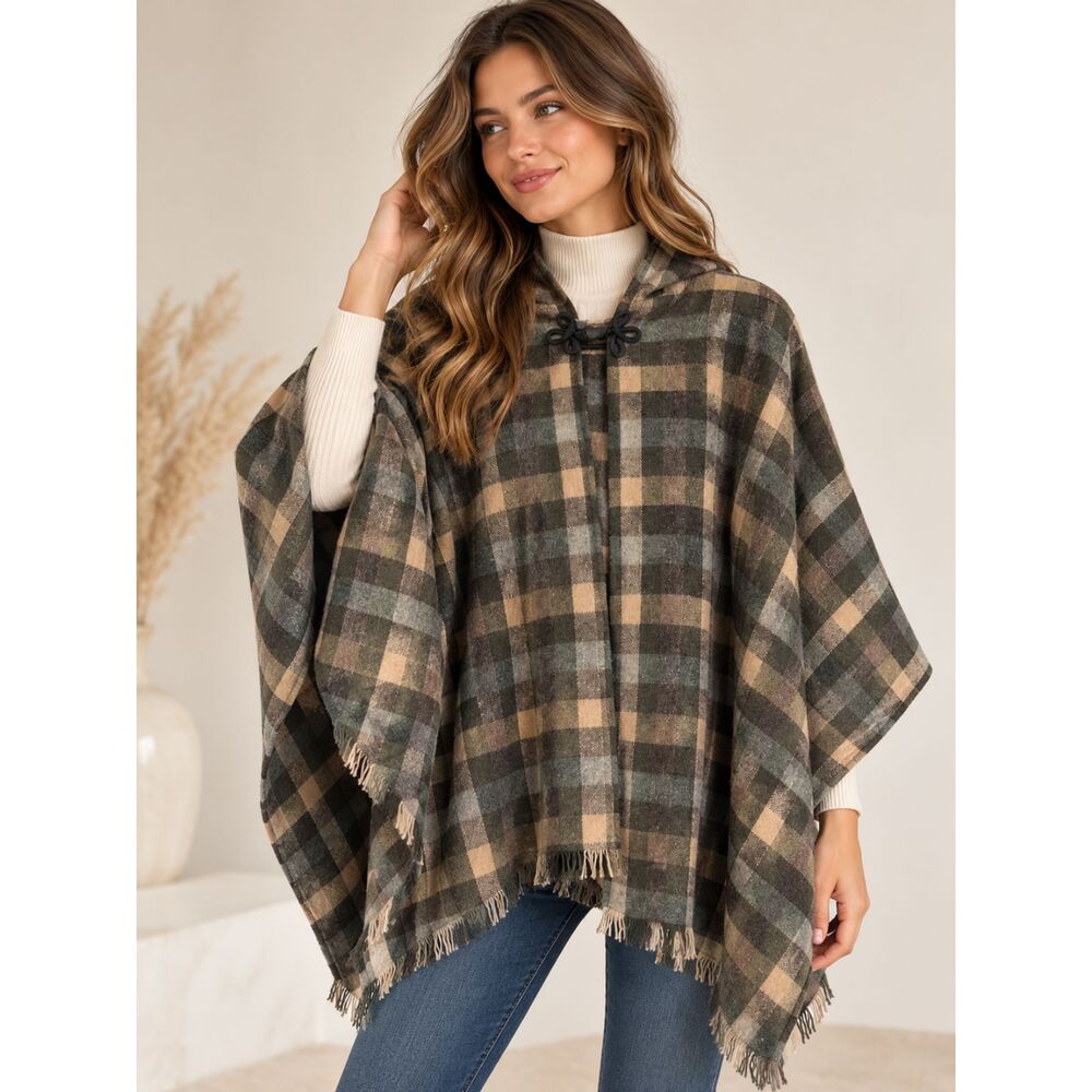 Plaid Hooded Poncho Cape Ruana Kimono Cottagecore Lagenlook Cabincore Boho OS